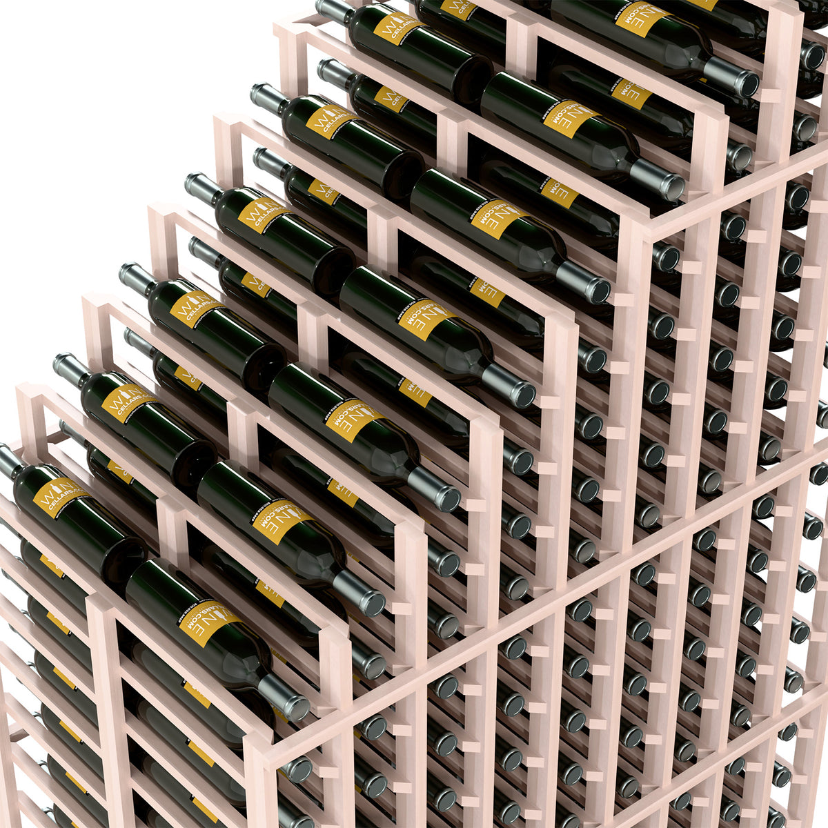 Close-up of double deep wine rack showing bottles and circular metal support rings.
