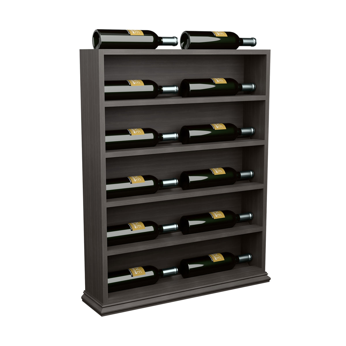 Dark wood wine bottle display rack with horizontal slots and side end panels