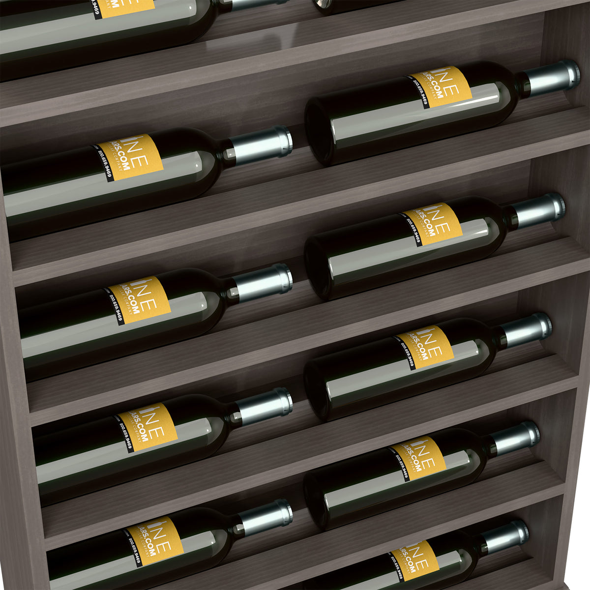 Closeup: dark wood wine rack shelf with horizontal slots and bottle rows