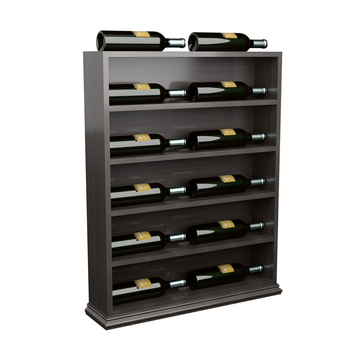 Dark wood wine bottle display rack, standing with horizontal slots for bottles