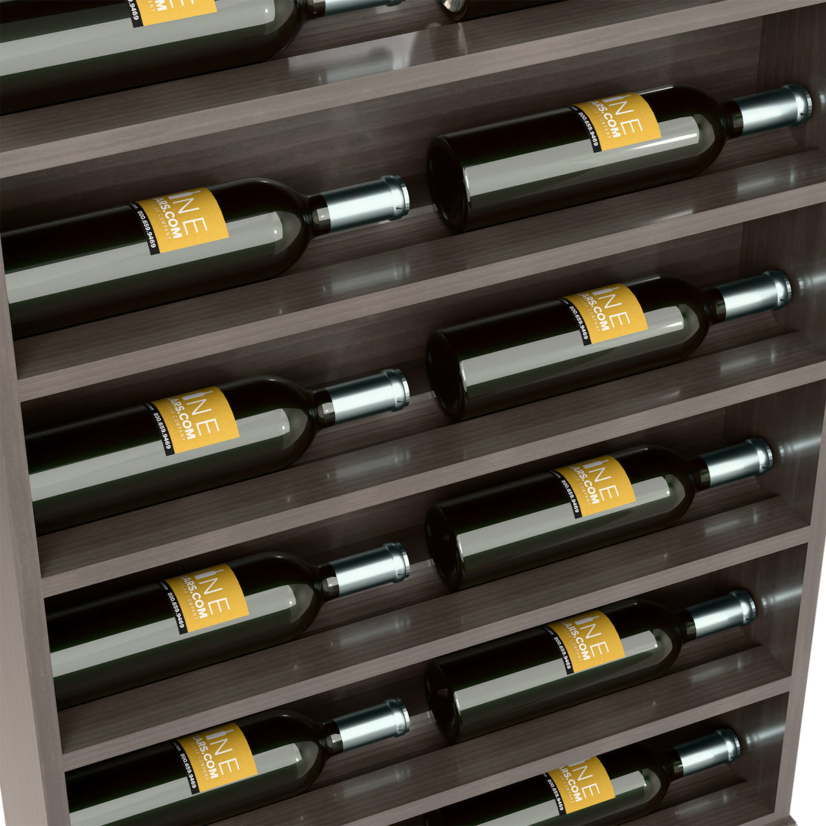 Closeup: dark wood wine bottle rack with horizontal compartments and bottle necks