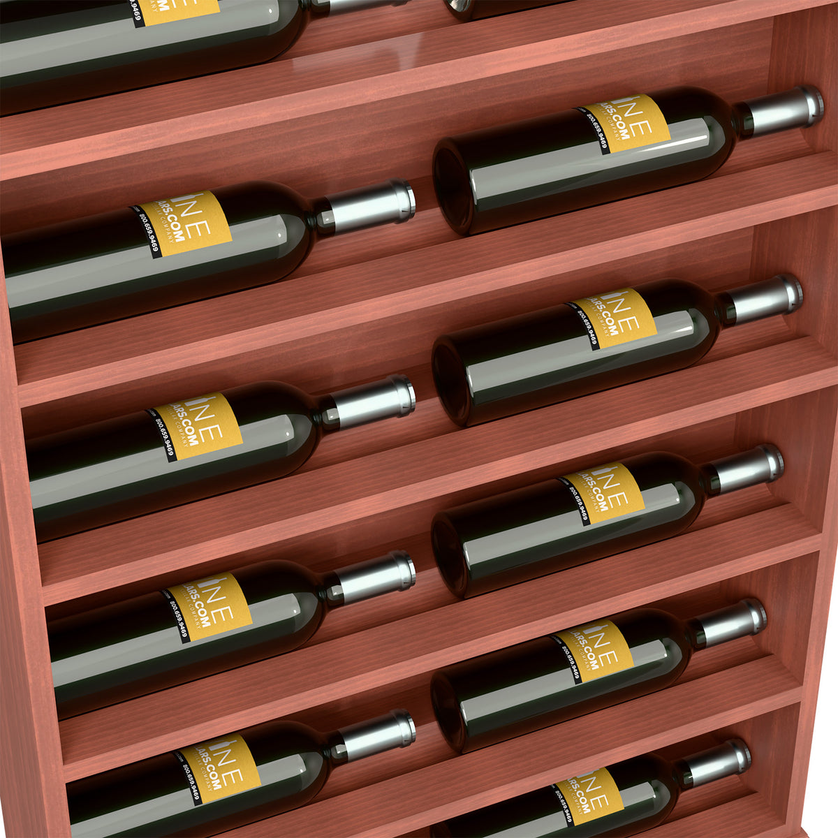Closeup: mahogany wine rack shelf with horizontal slots and bottle labels