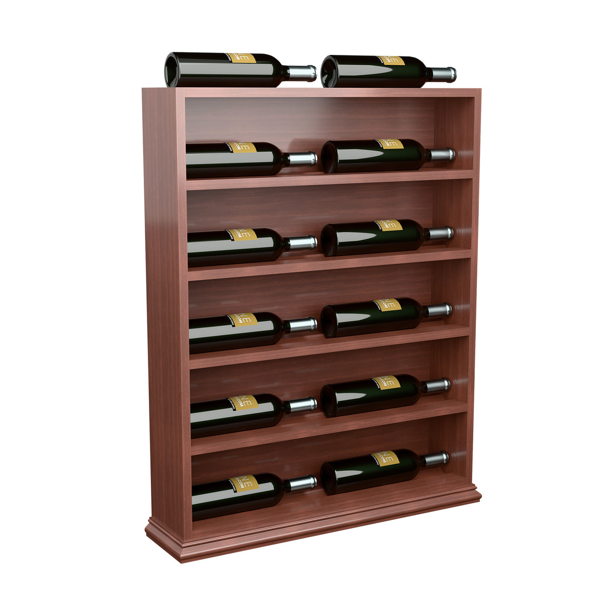 Red-brown wood wine bottle display rack with horizontal slots and bottles
