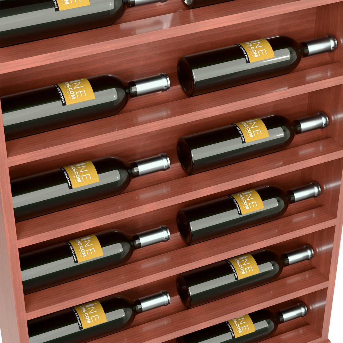 Closeup: red-brown wood wine rack with horizontal bottle rows