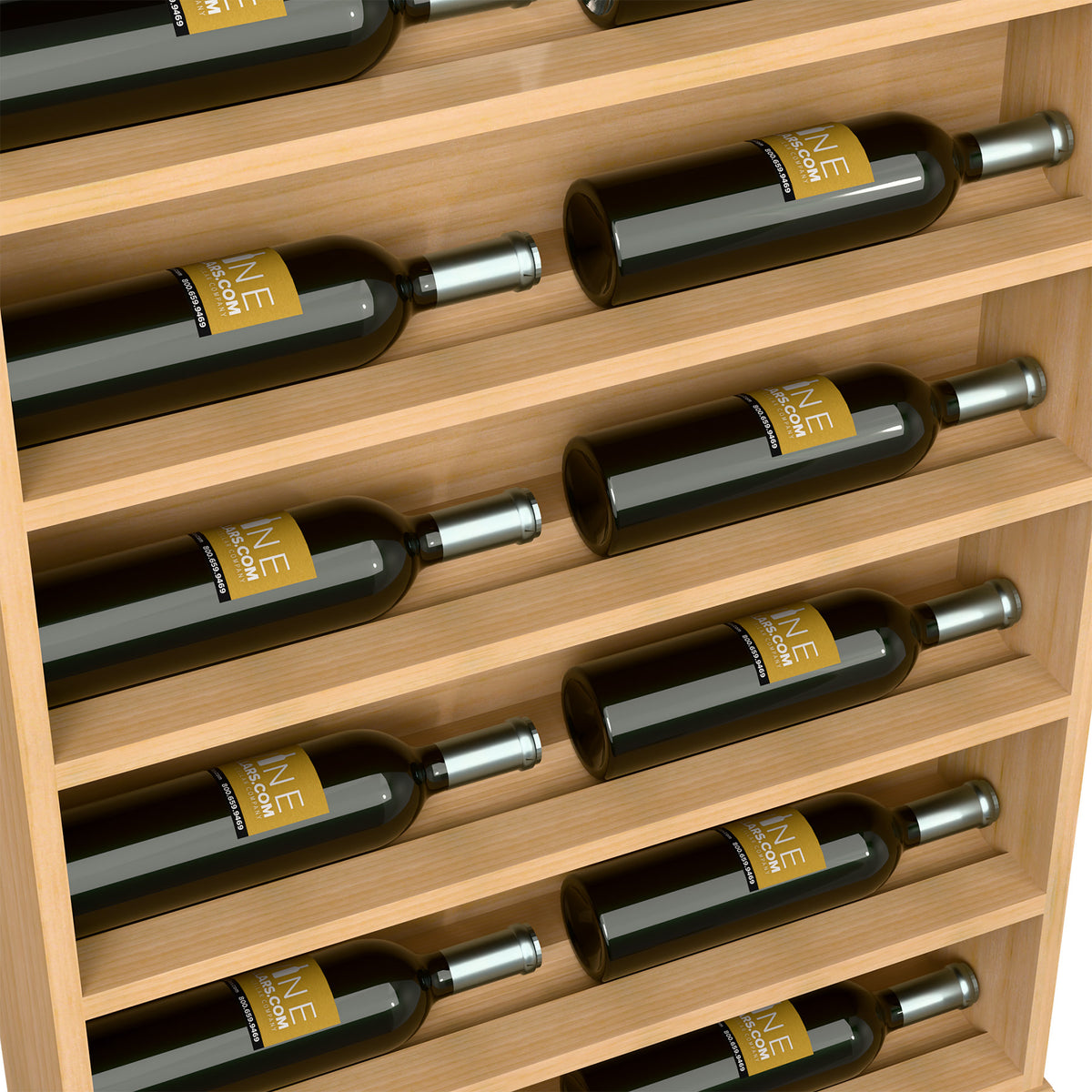 Closeup: light wood wine rack with horizontal slots and bottle rows