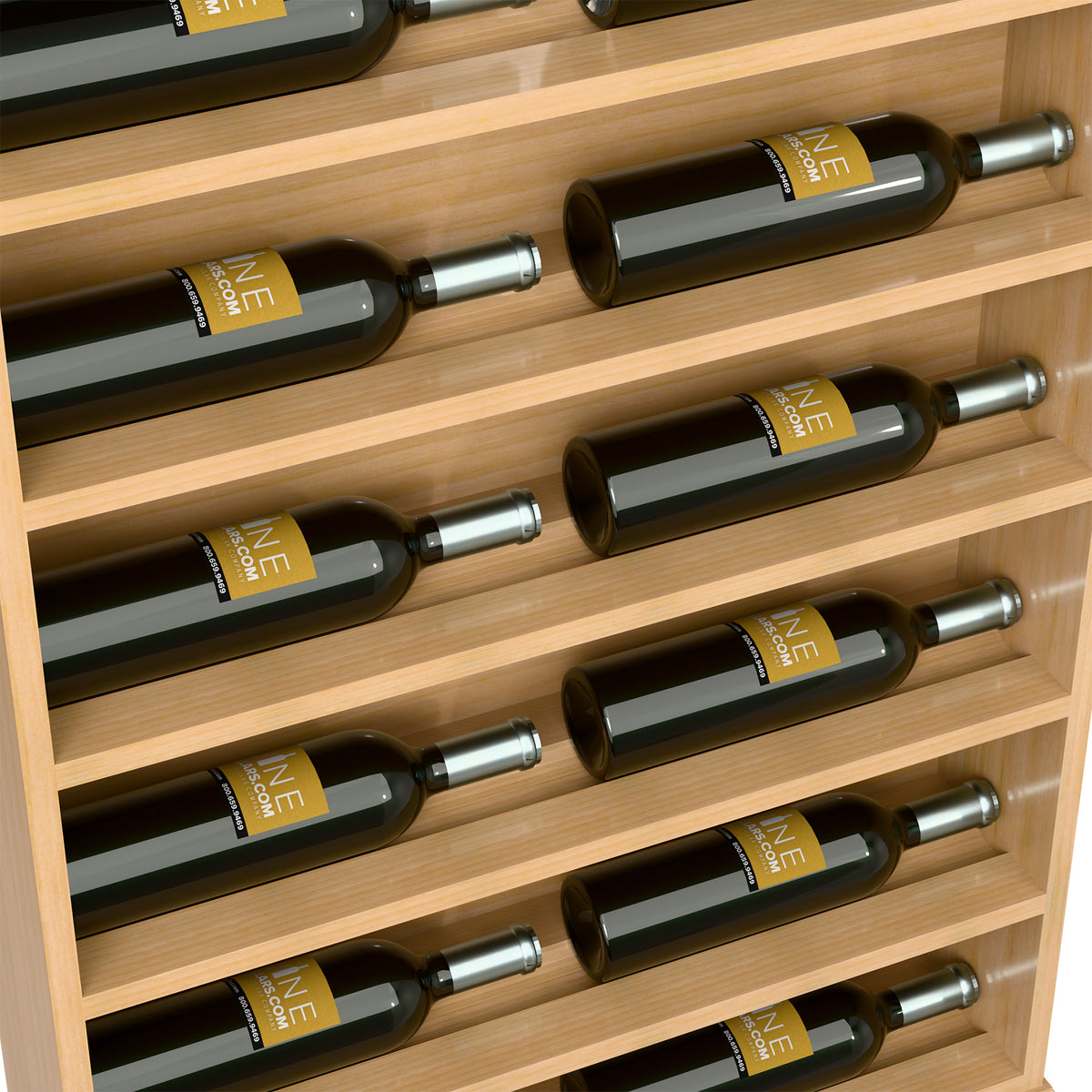Light wood wine bottle rack close-up with green and gray bottles in horizontal slots