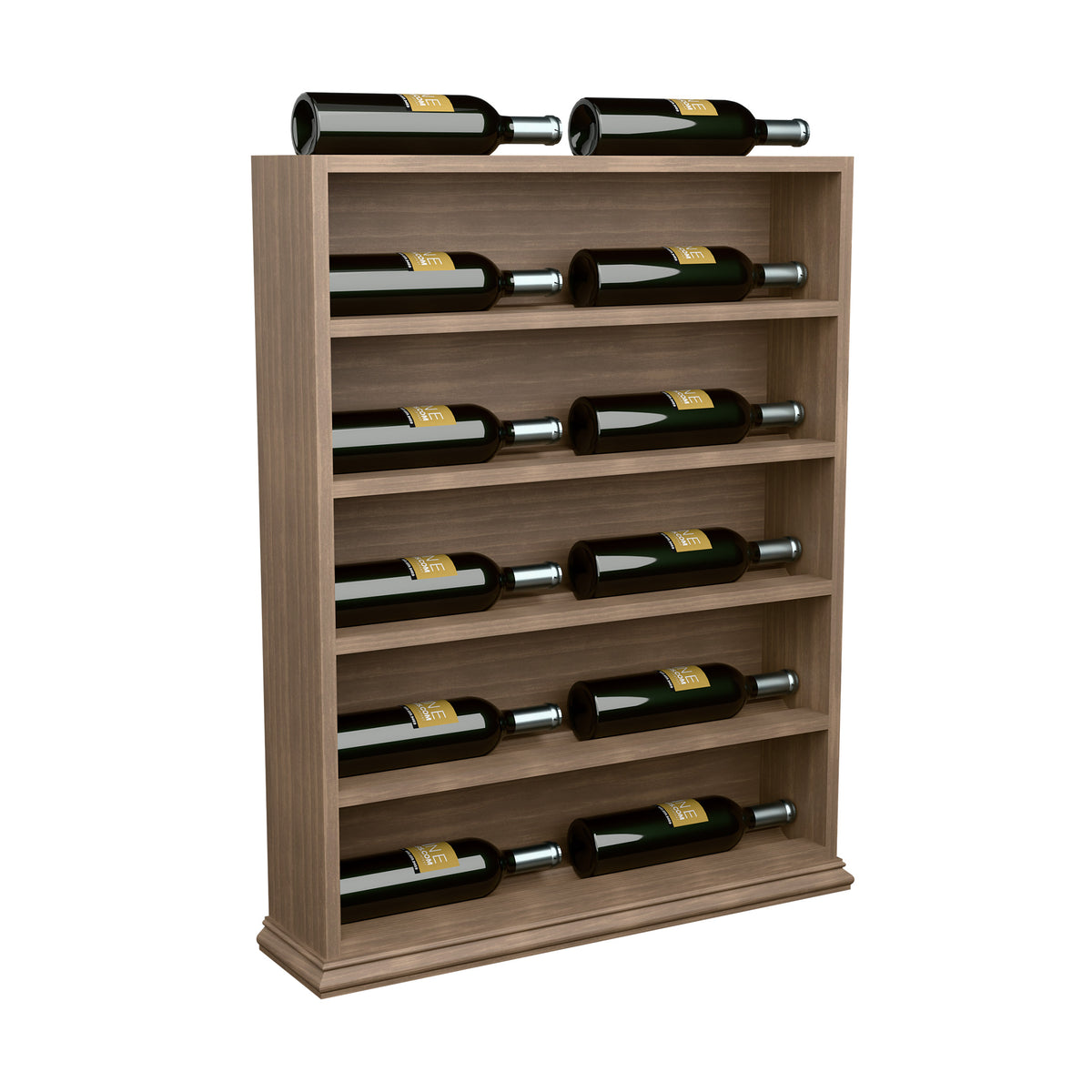 Light wood wine bottle display rack end cap with multiple front rows for bottles