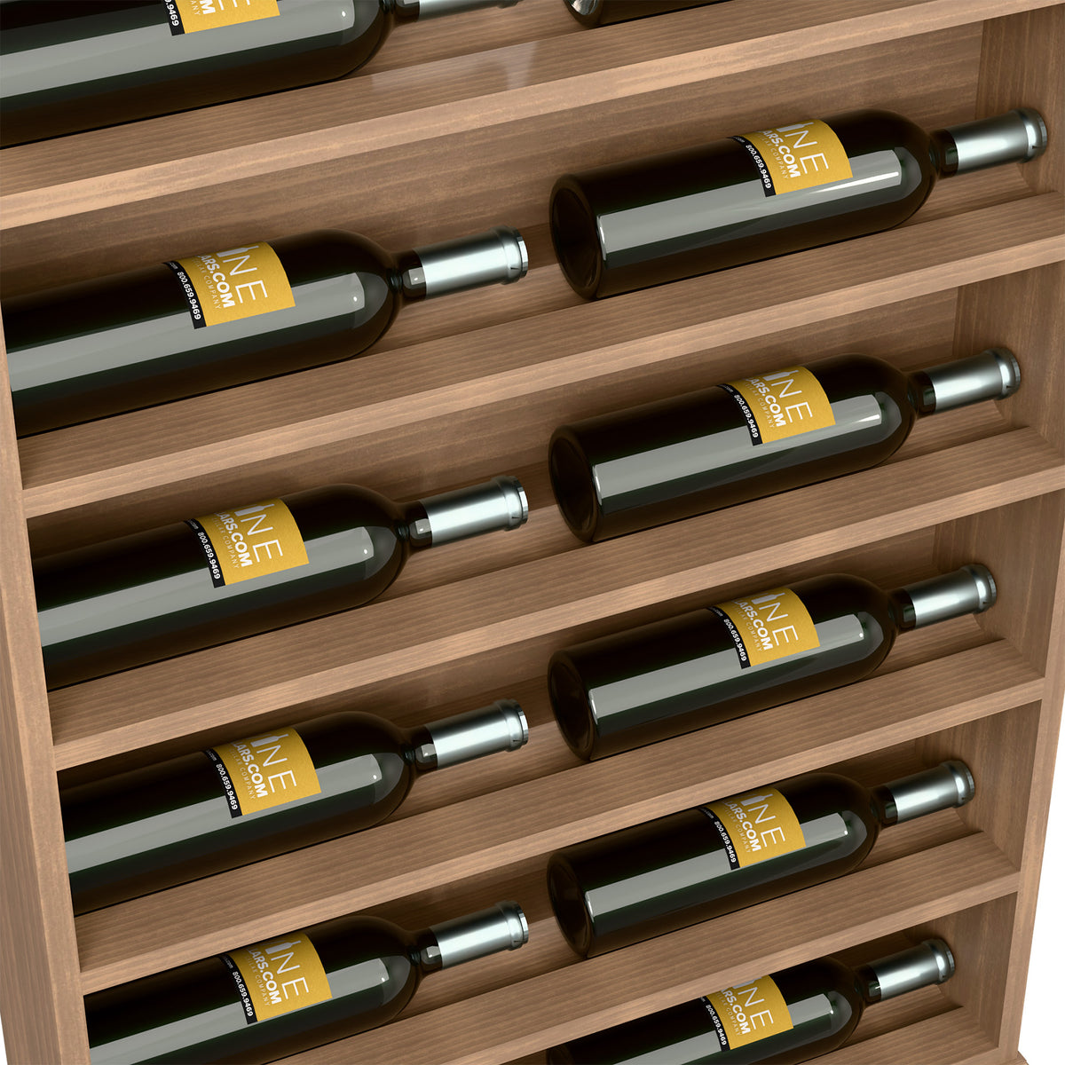 Light wood wine bottle rack close-up with green bottles and silver necks on shelves