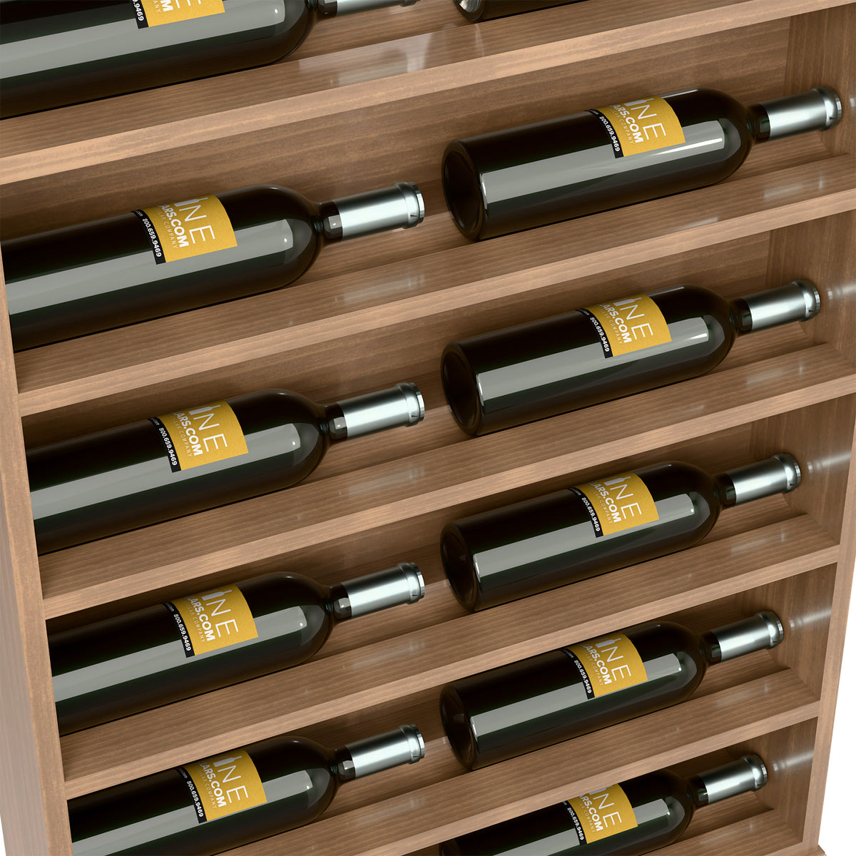 Light wood wine bottle rack close-up, dark green bottles lined in horizontal rows