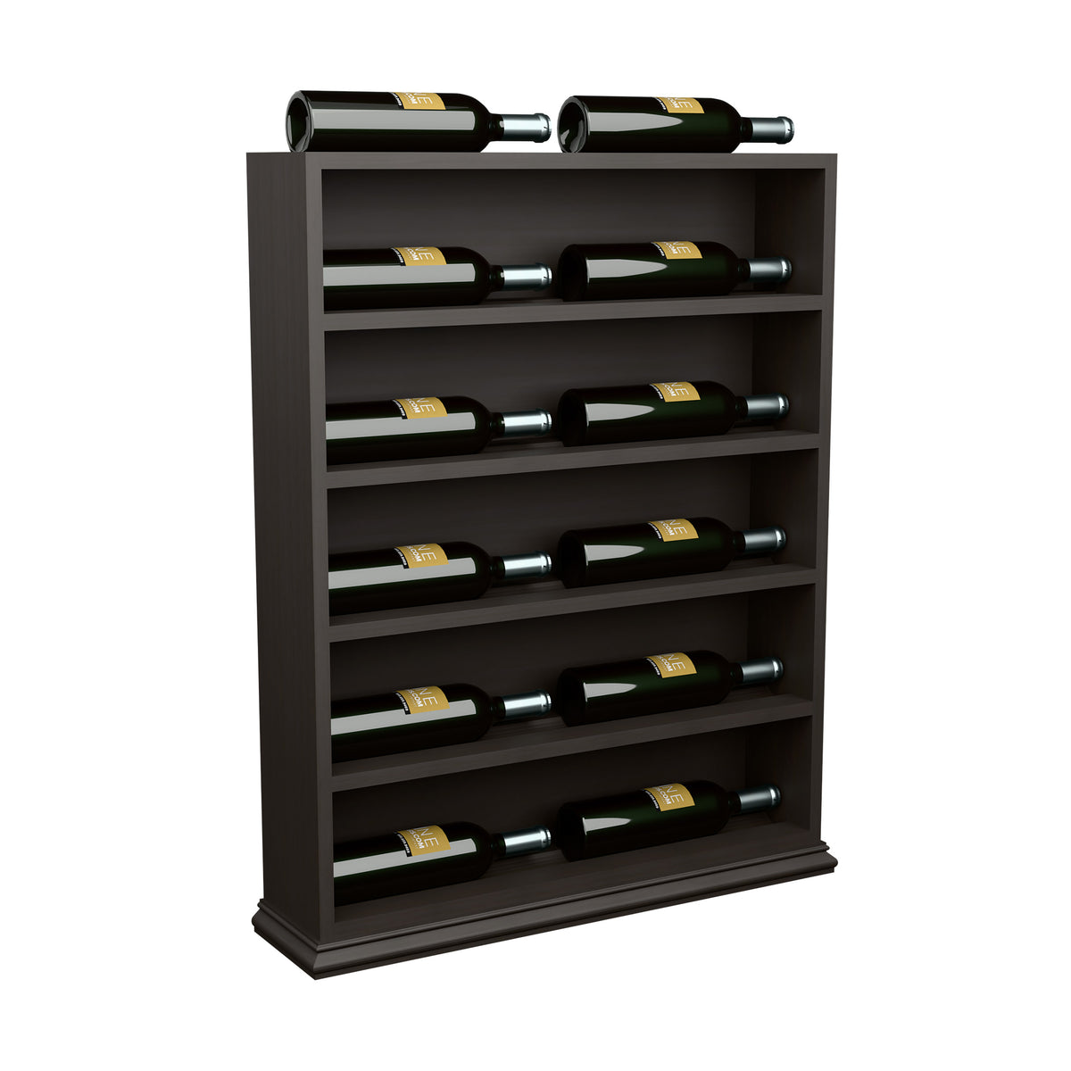 Dark wood wine bottle display rack end cap with front shelves and rows of green bottles