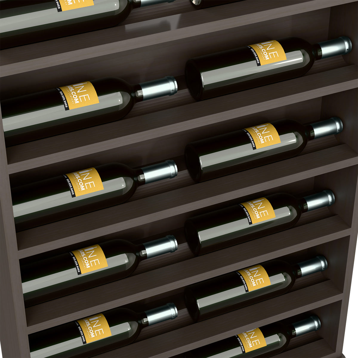 Dark wood wine bottle rack close-up with dark green bottles in horizontal shelf slots