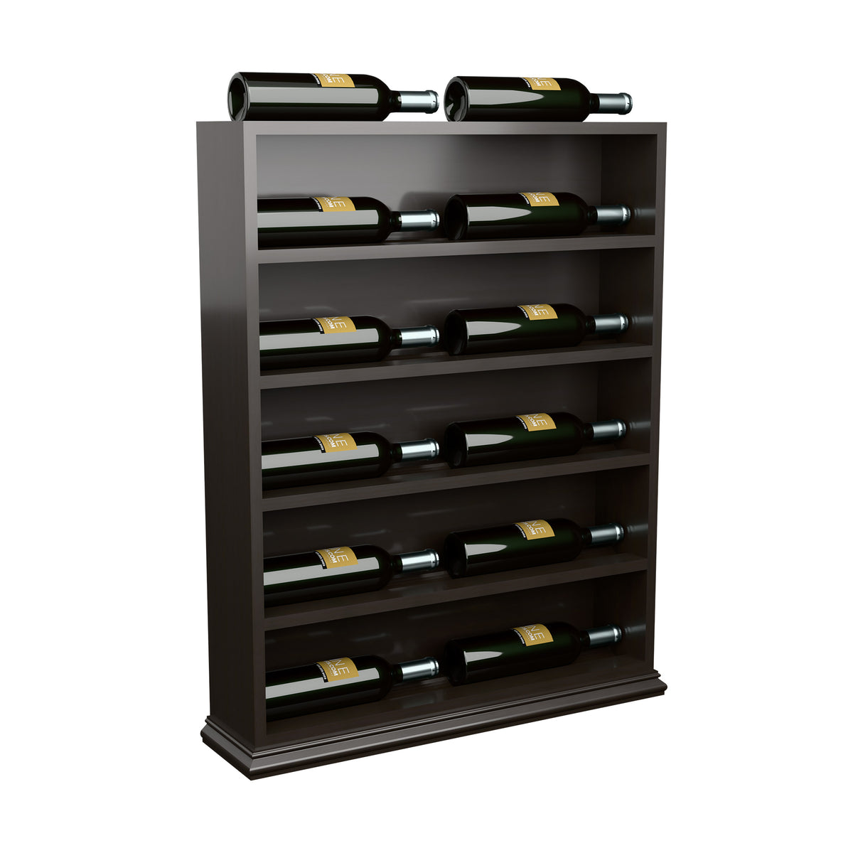 Dark wood wine bottle display rack end cap with front shelves for bottles