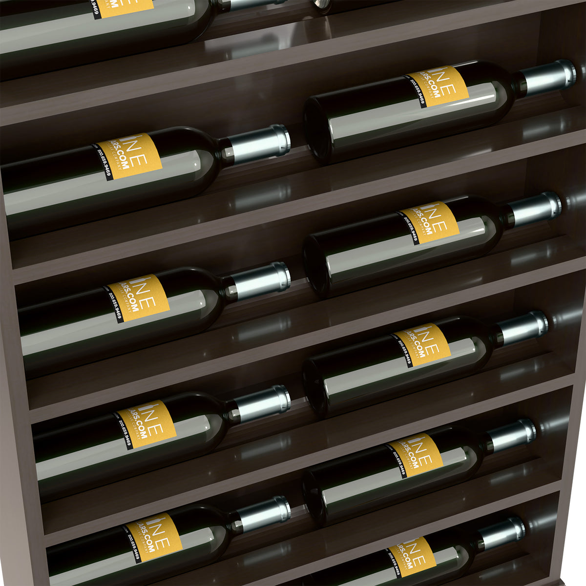 Dark wood wine bottle rack close-up showing bottle labels and silver bottle necks