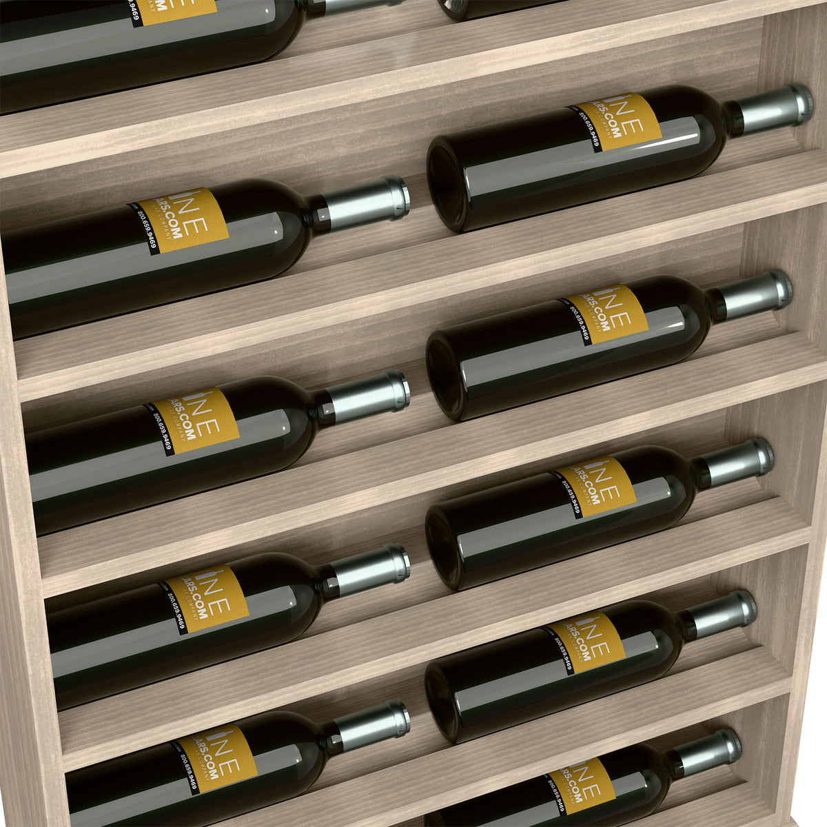 Close-up of grey wood wine bottle display rack with bottles in horizontal slots