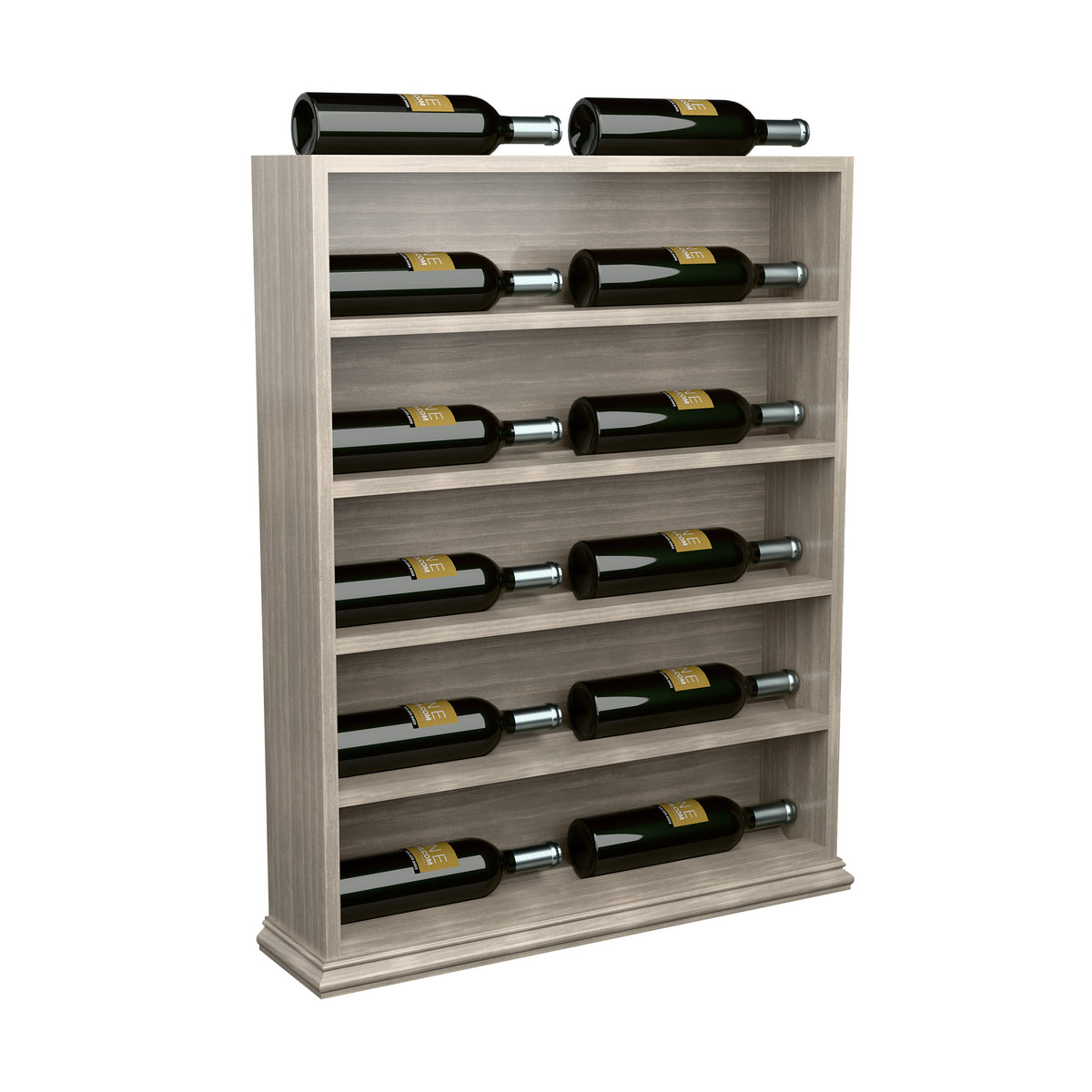 Grey wood wine bottle display rack standing unit with bottle rows and sides