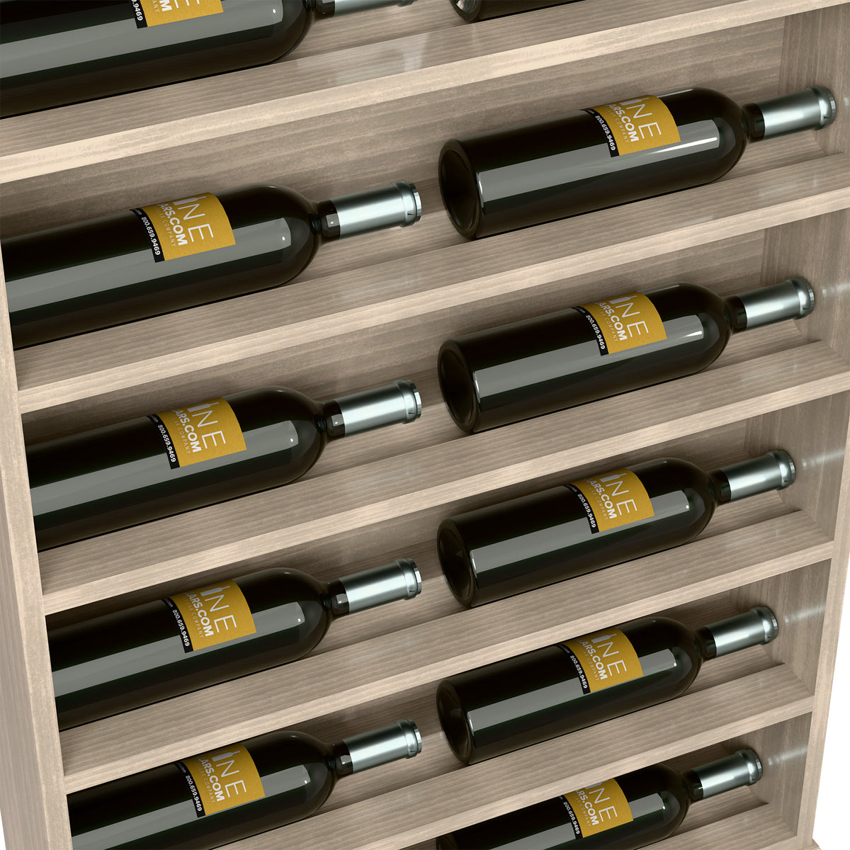 Close-up of grey wood wine bottle display rack with wine bottles on shelves