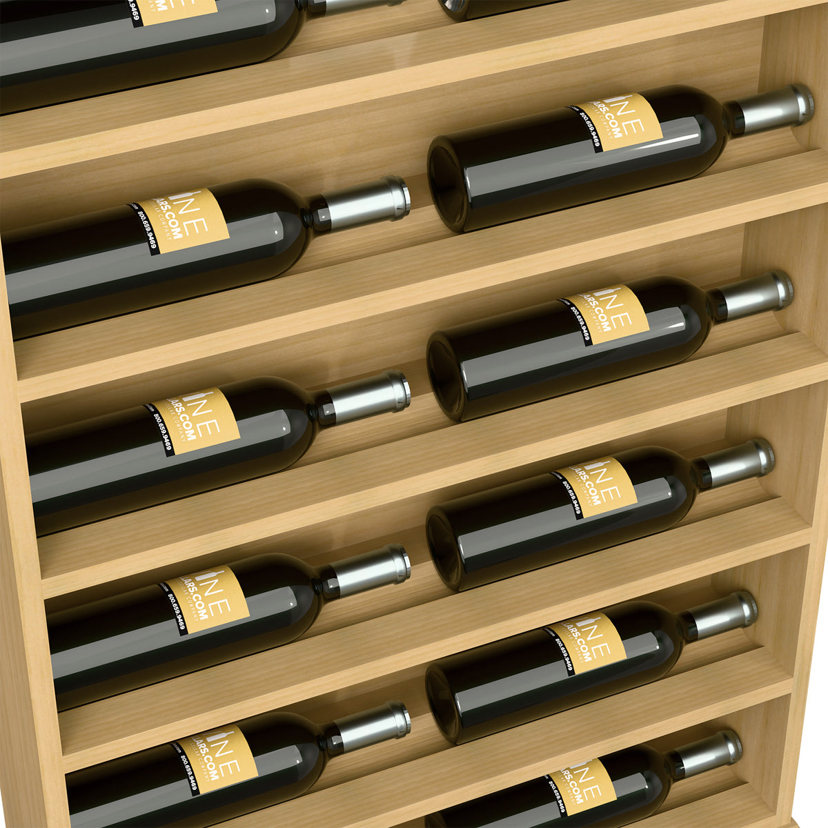 Close-up of light wood wine bottle display rack with wine bottles in horizontal rows