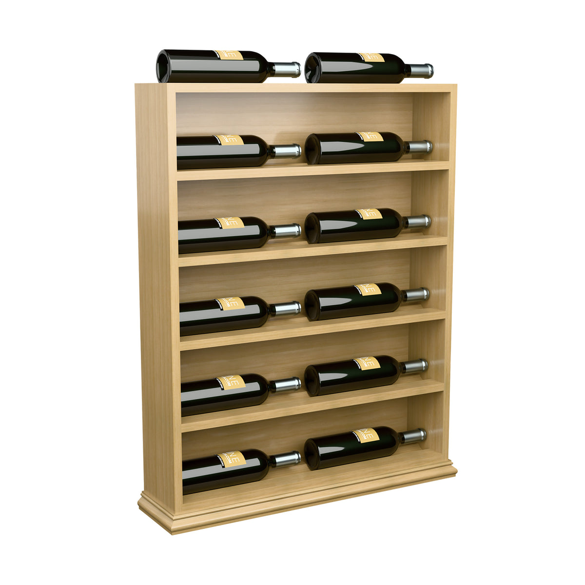 Light wood wine bottle display rack with bottle rows and bottles on top row