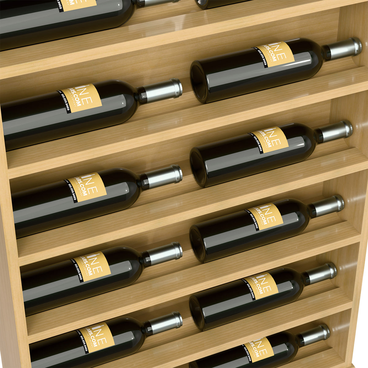 Close-up of light wood wine bottle display rack with bottles in horizontal slots