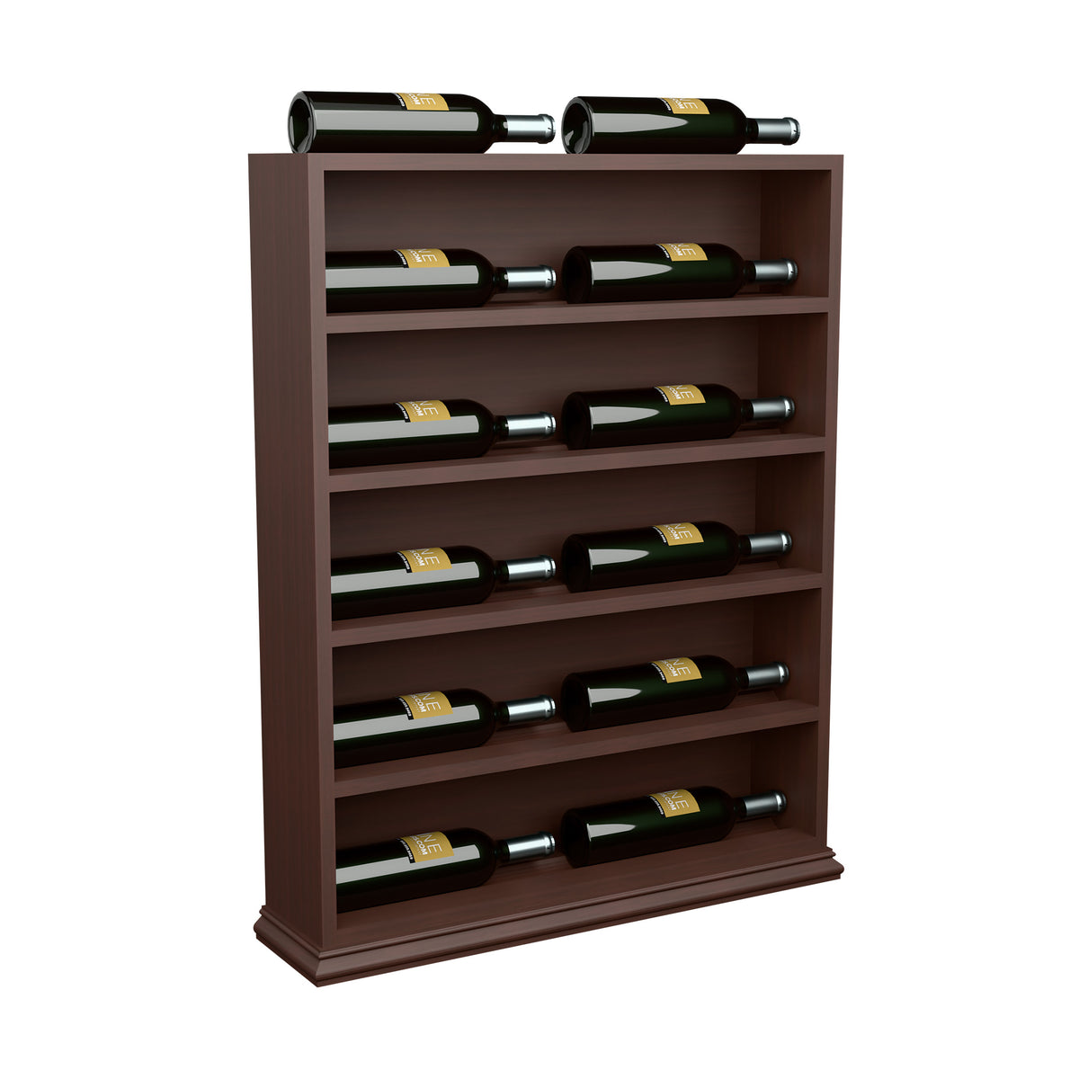 Dark brown wood wine bottle display rack with horizontal bottle rows and base