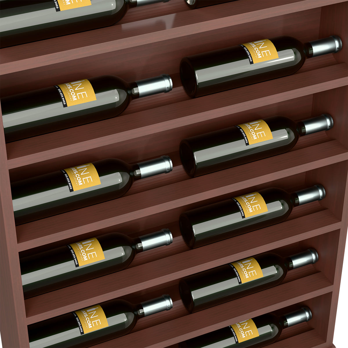 Close-up of dark brown wood wine bottle display rack with wine bottles in slots