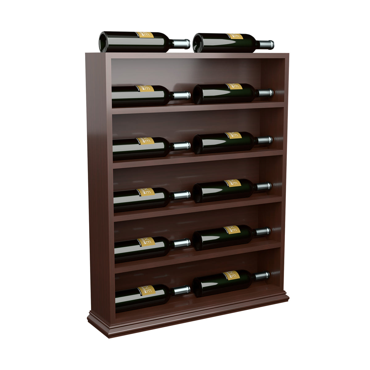 Dark wood horizontal wine bottle display rack end cap with green bottles
