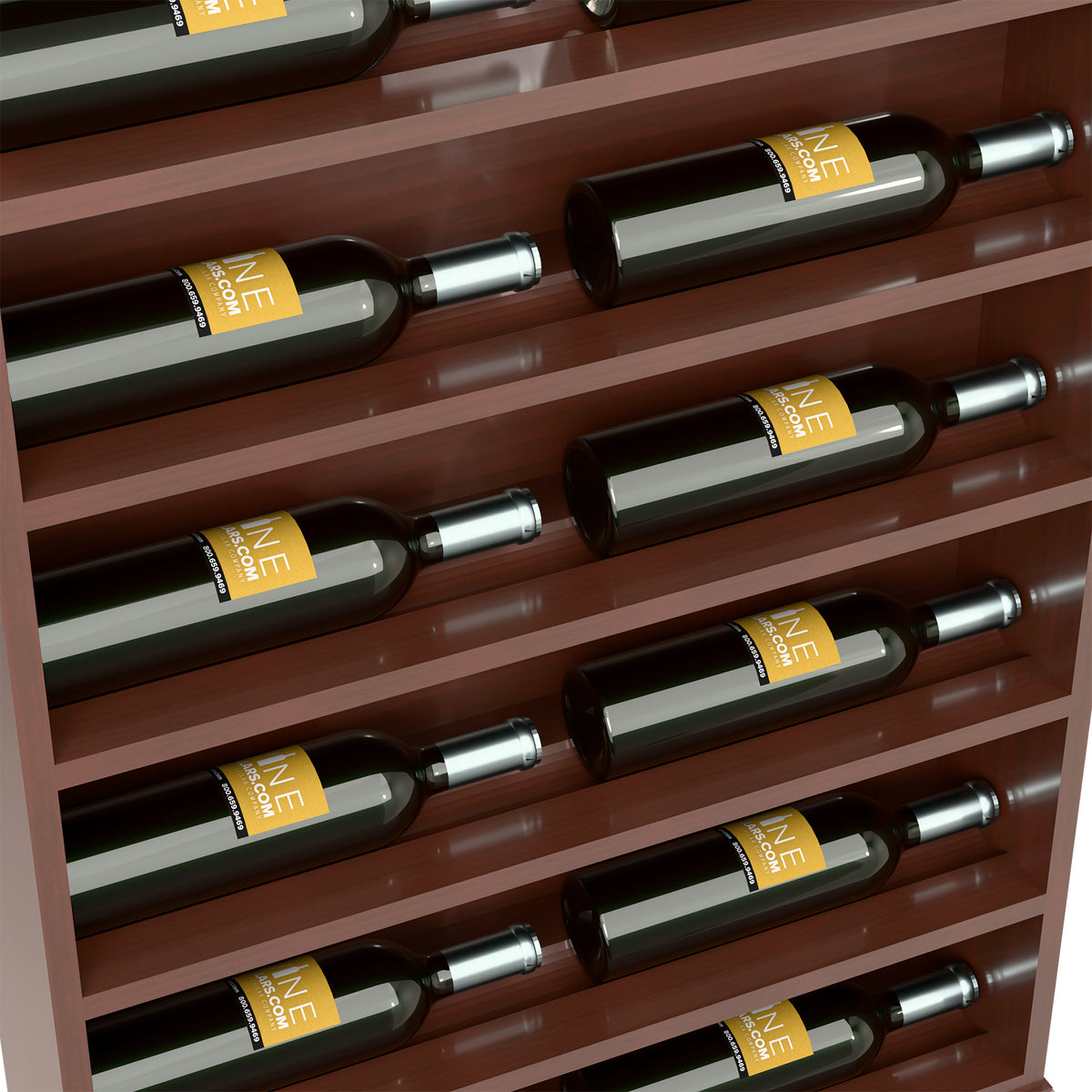 Close-up of dark wood wine bottle display rack shelves with green bottles