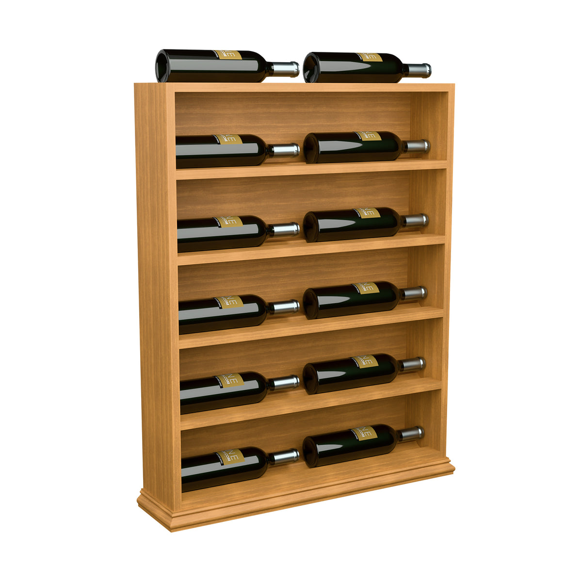 Light wood horizontal wine bottle display rack end cap with green bottles