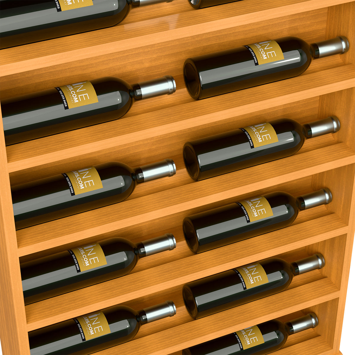 Close-up of light wood wine bottle display rack shelves with green bottles