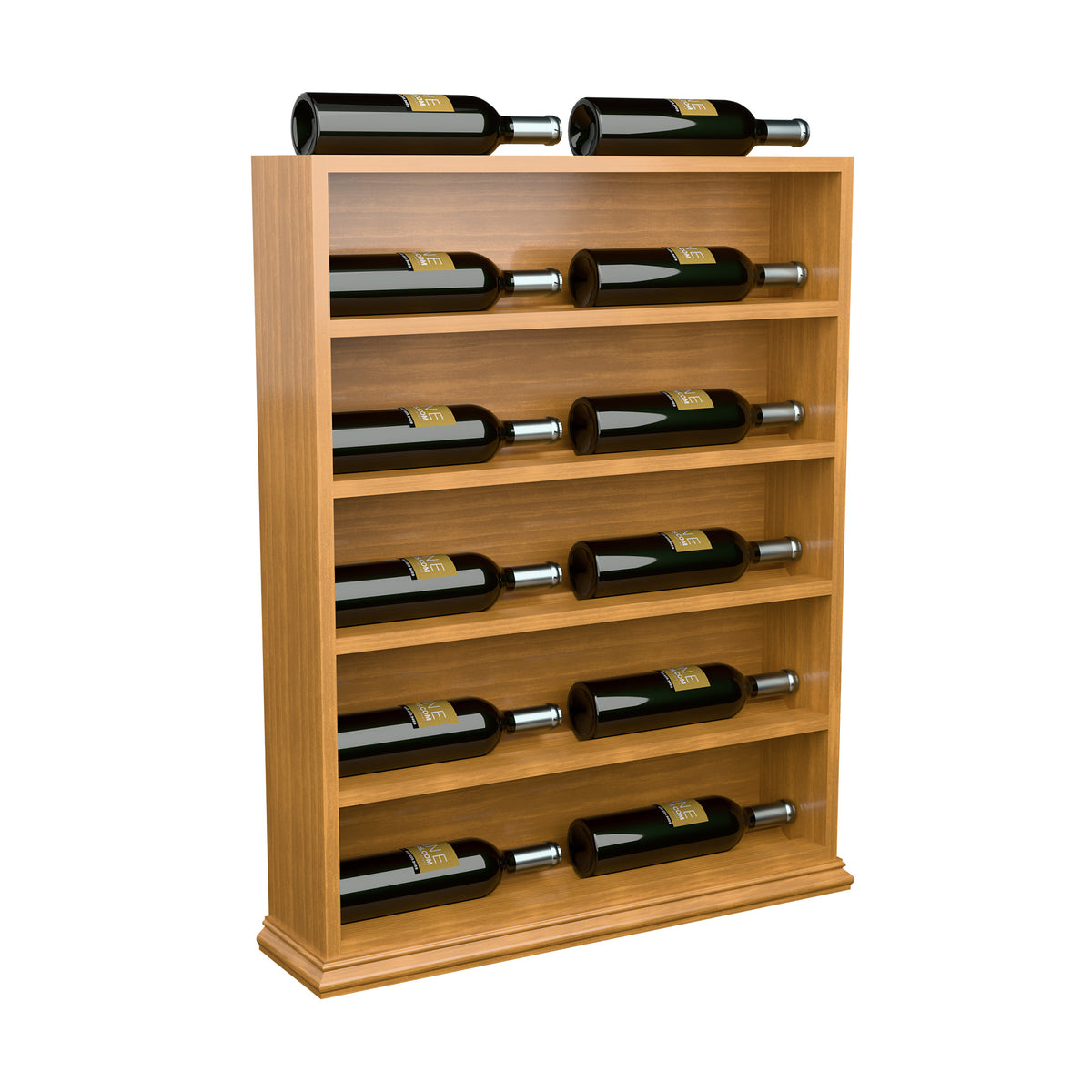 Light wood horizontal wine bottle display rack end cap holding green bottles
