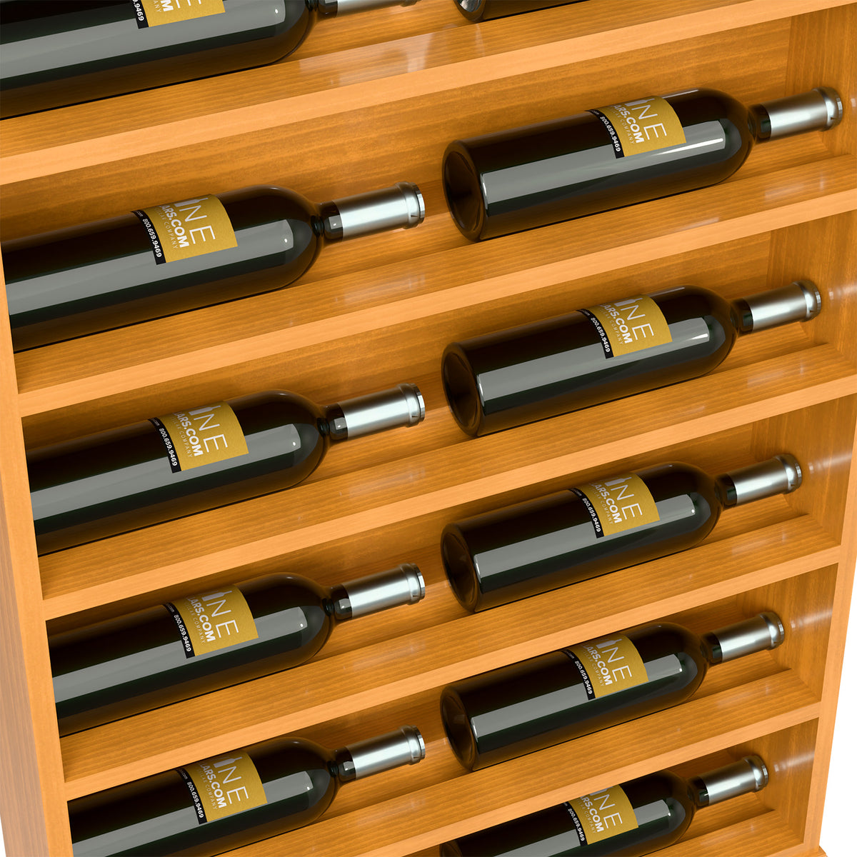 Close-up of light wood wine bottle display rack shelves with green bottles