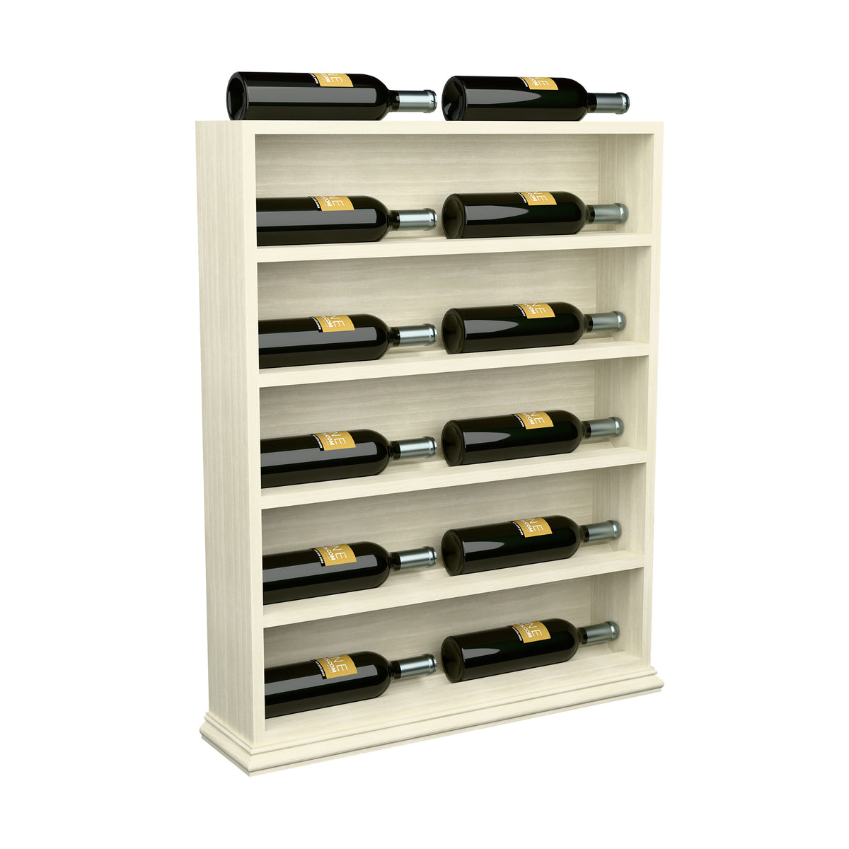 White horizontal wine bottle display rack end cap with green bottles