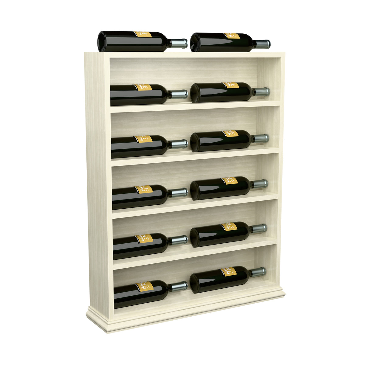 White horizontal wine bottle display rack end cap holding green bottles