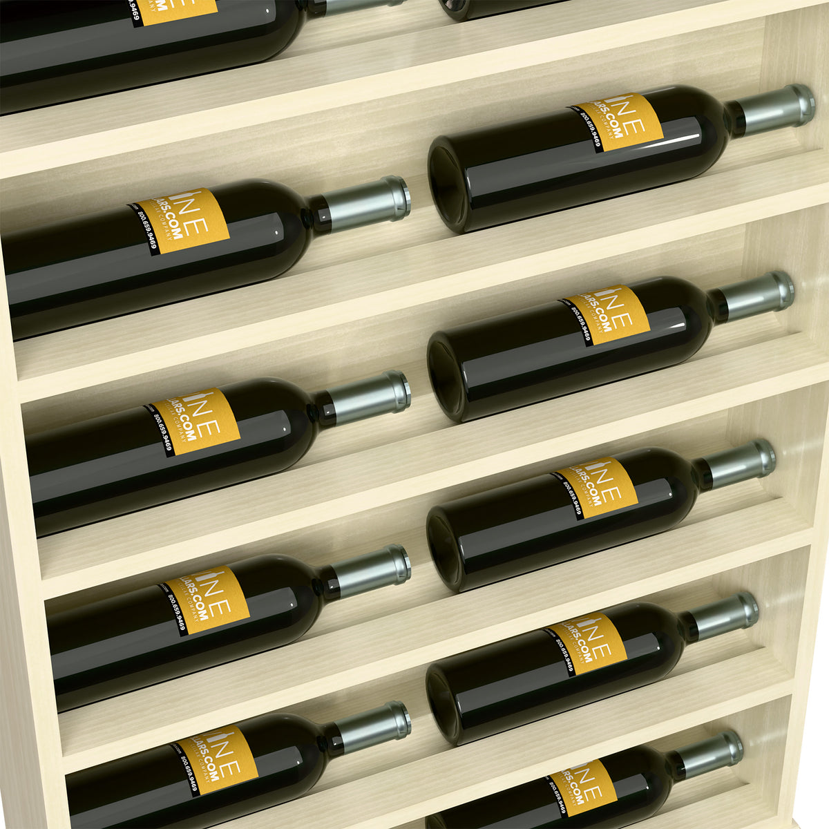 Close-up of white wine bottle display rack shelves with green bottles