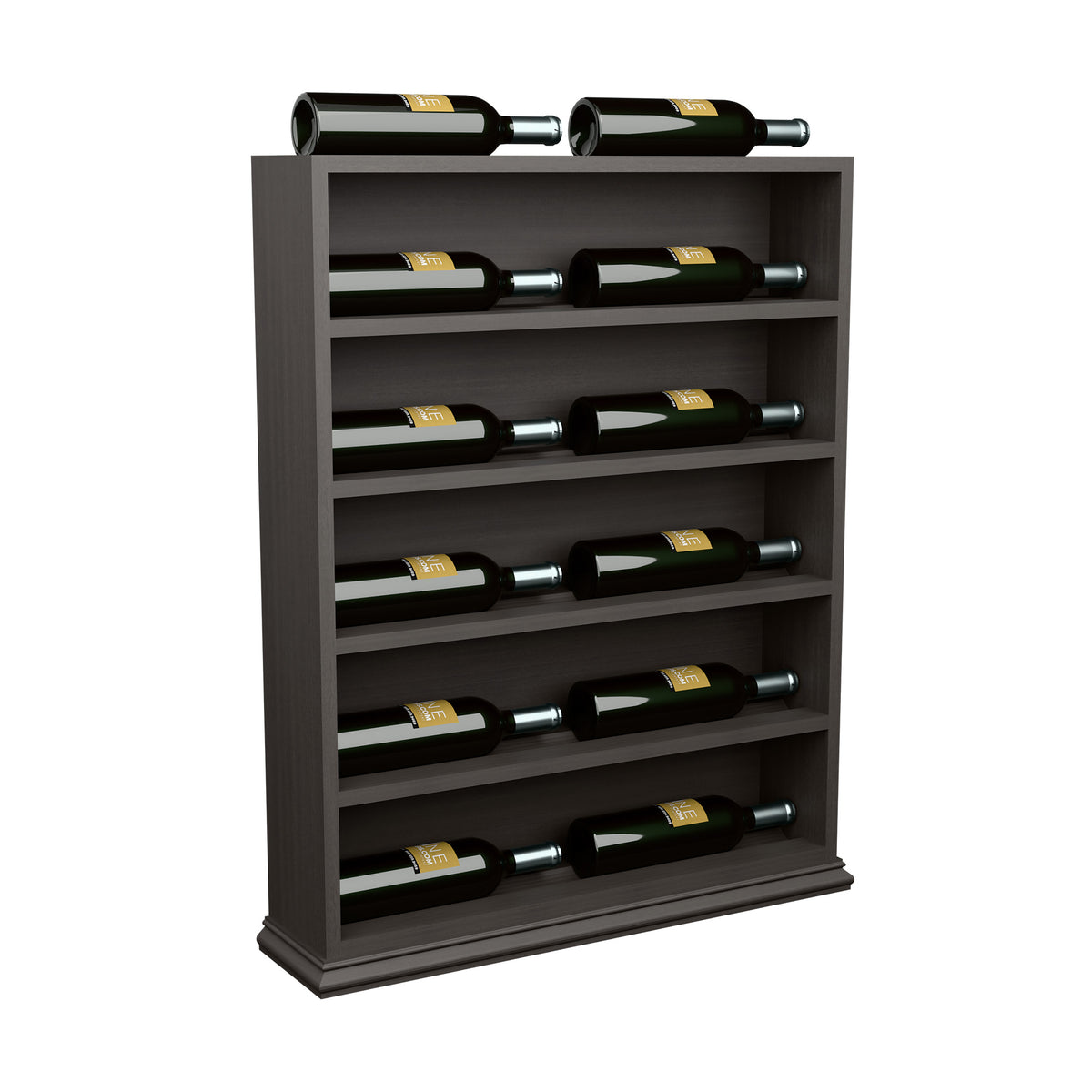 Dark gray wood wine bottle display rack with bottles in horizontal rows and end cap