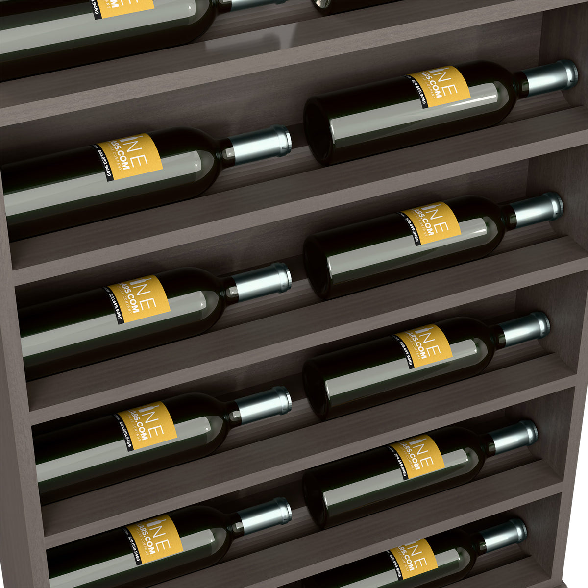 Close-up of wine bottles in horizontal slots on a dark gray wood display rack