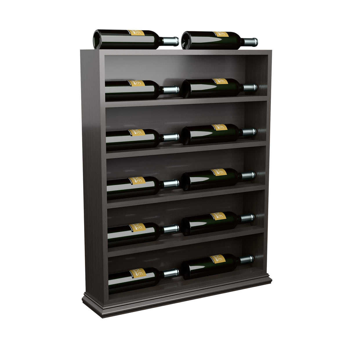 Dark gray wood wine bottle display rack with bottles arranged in horizontal grooves