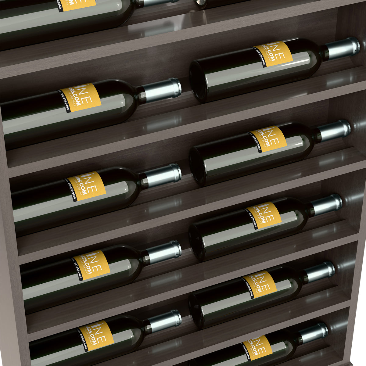 Close-up of wine bottles nestled in horizontal slots of a dark gray wood rack