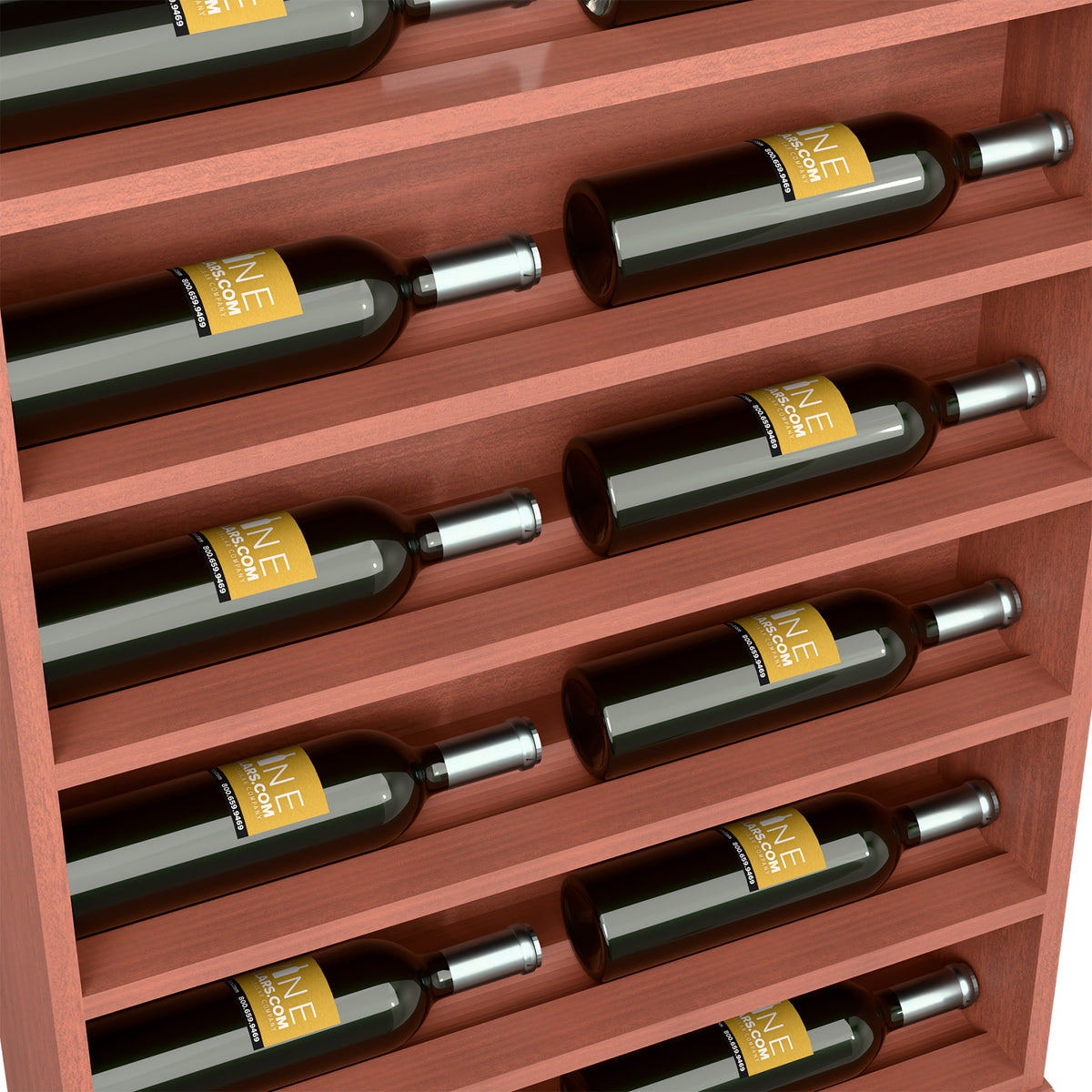 Close-up of wine bottles in horizontal slots on a brown wood display rack