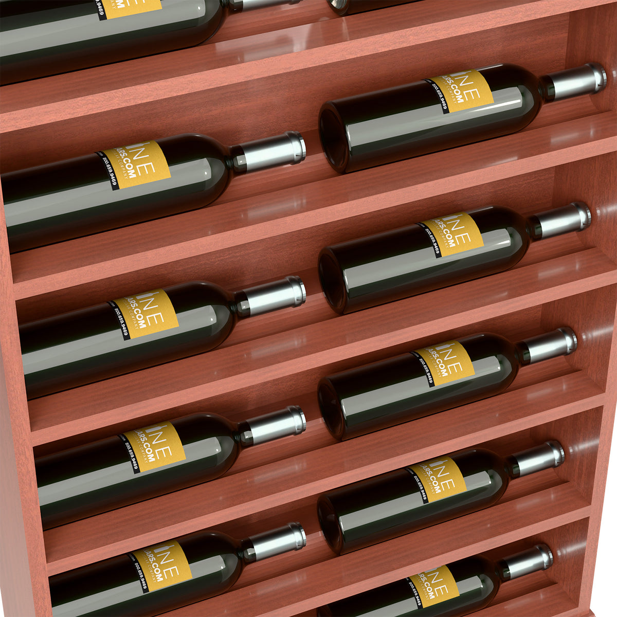 Close-up of wine bottles resting in horizontal slots on a brown wood rack