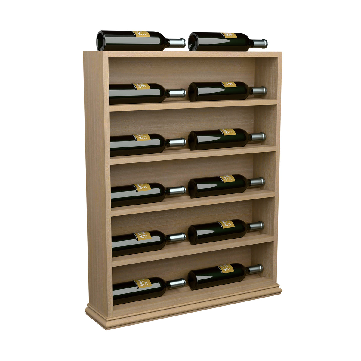 Light wood wine bottle display rack with bottles in horizontal rows and end cap