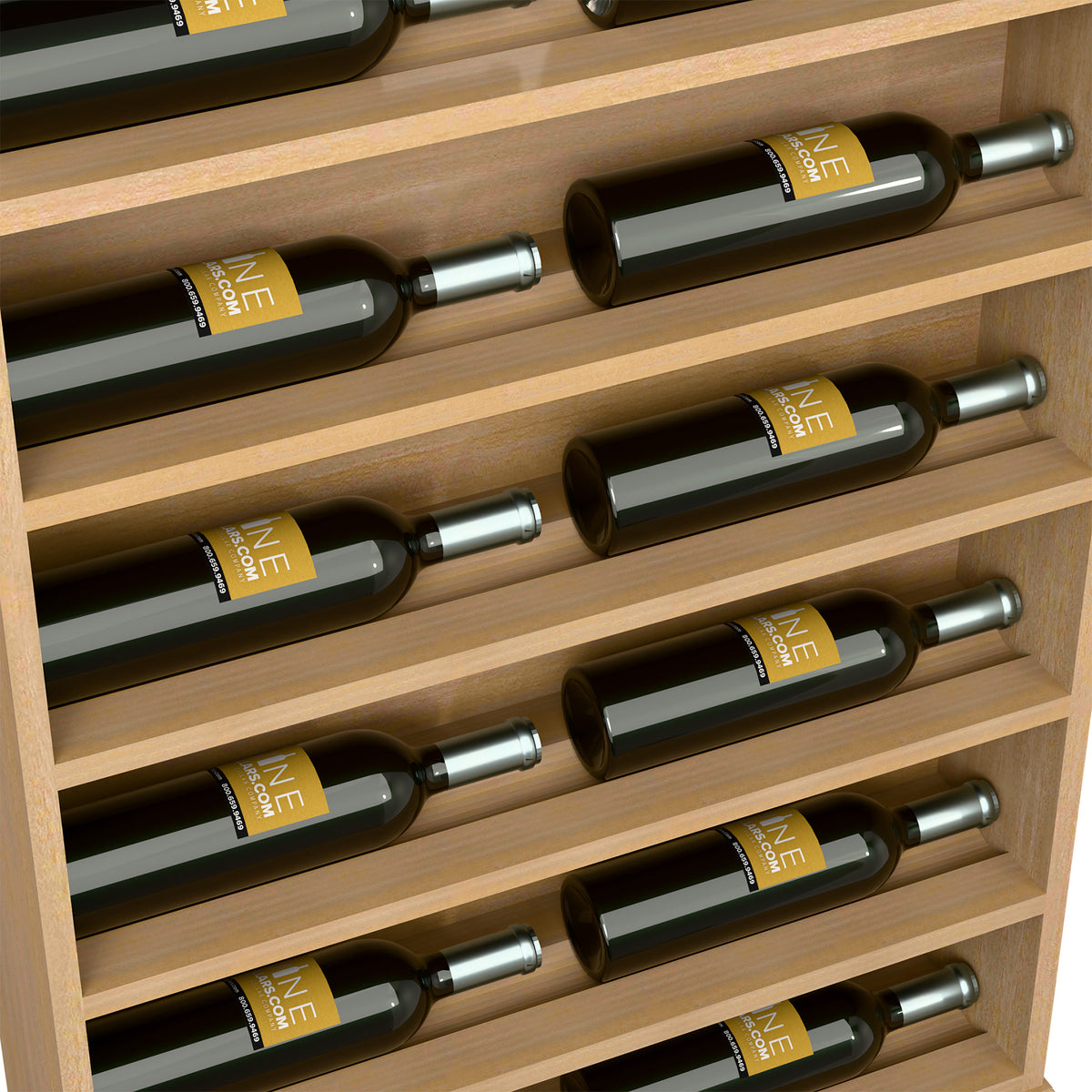 Close-up of wine bottles in horizontal slots on a light wood display rack