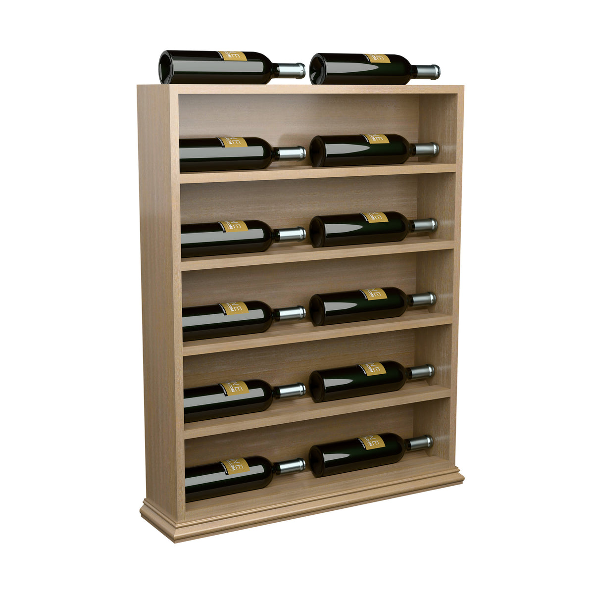 Wine bottle display rack with horizontal slots and two bottles on top in light wood