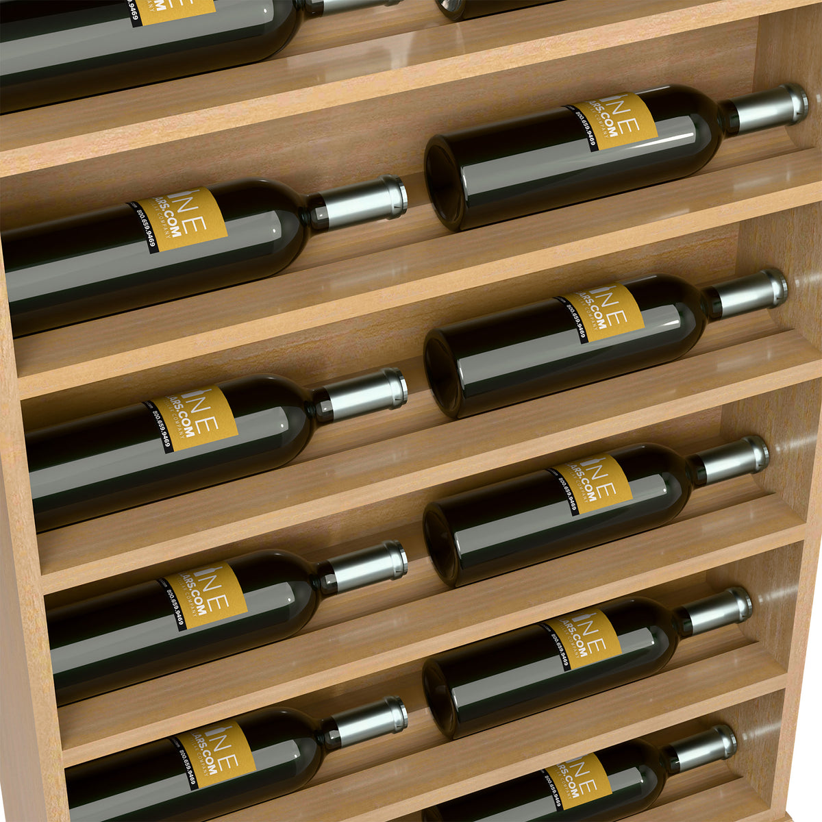 Close-up of wine bottles in horizontal slots on a light wood display rack