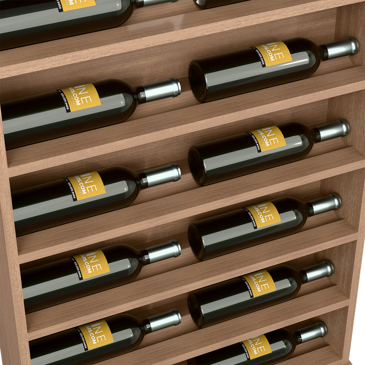Close-up of wine bottles resting in horizontal slots on a light wood display rack