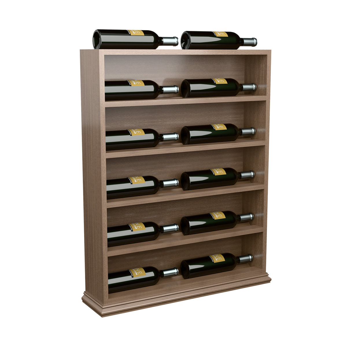 Wine bottle display rack with horizontal slots and two bottles on top in light wood