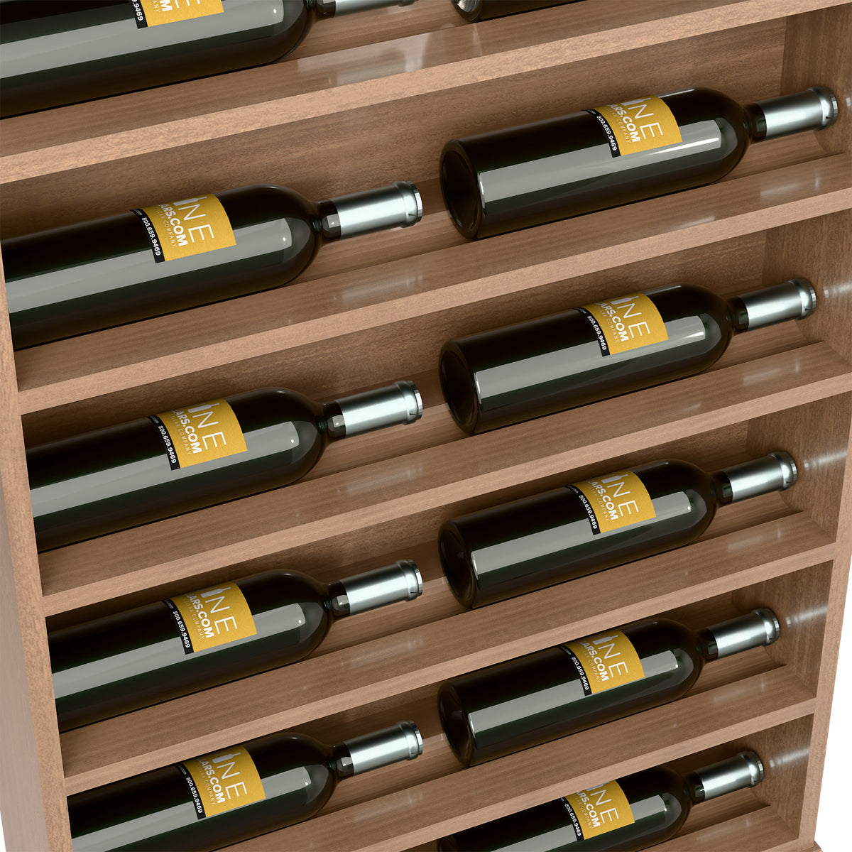 Close-up of wine bottles in horizontal slots on a light wood display rack