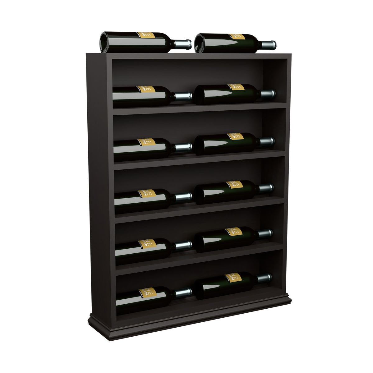 Wine bottle display rack with multiple horizontal bottle slots in dark wood
