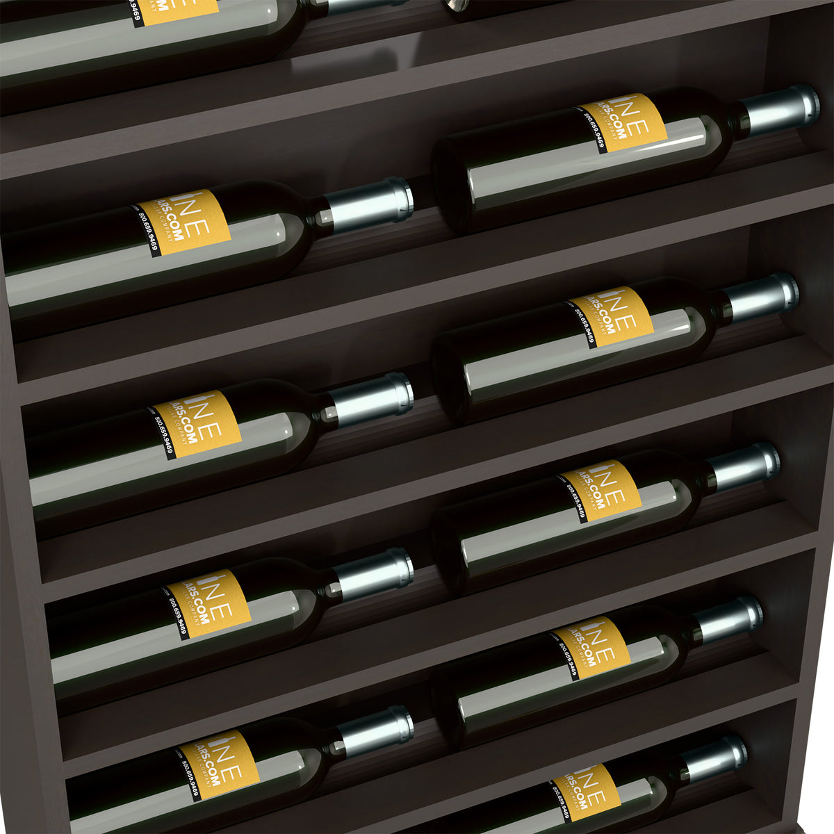Close-up of wine bottles in horizontal slots on a dark wood display rack