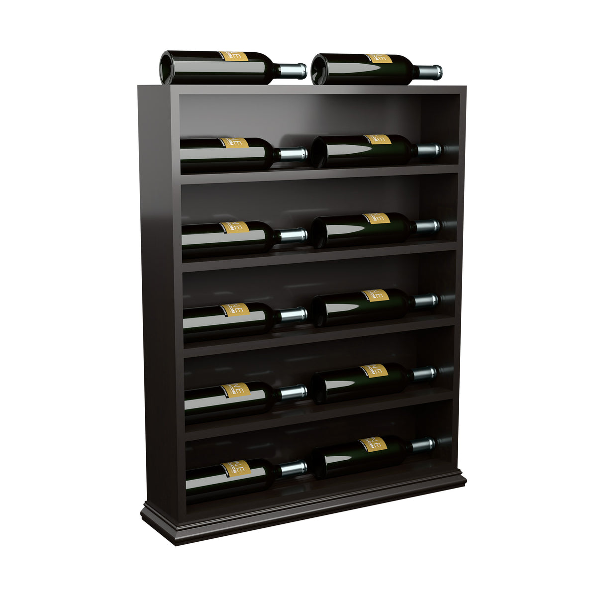 Wine bottle display rack with horizontal slots and two bottles on top in dark wood